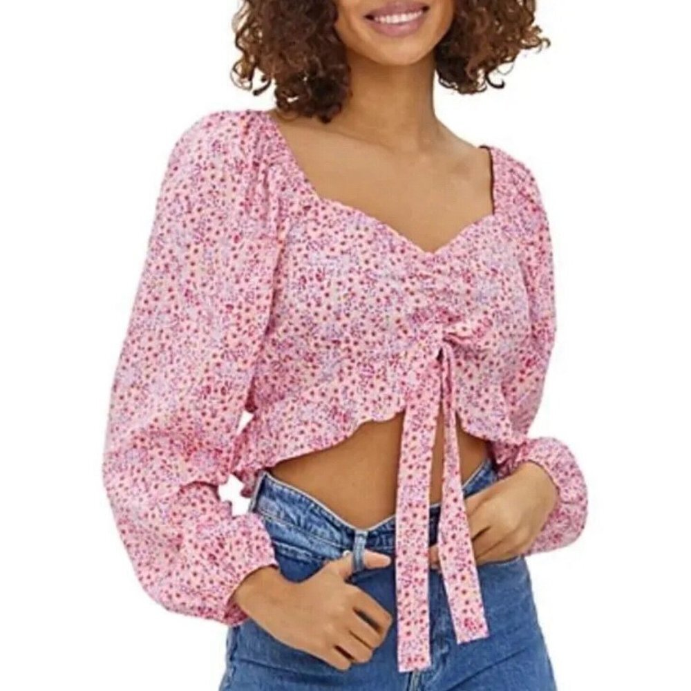VERO MODA Womens Henna Floral Tie Front Cropped Top Size S Parfait Pink NWOT